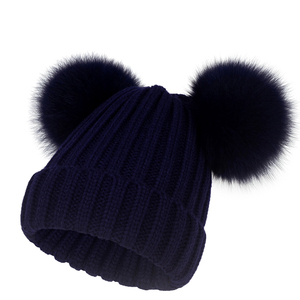 欧美秋冬新款女士双毛球帽子毛线帽真皮草狐狸毛球保暖加厚针织帽
