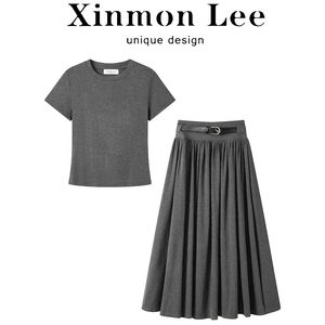 XinmonLee时尚两件套装圆领修身针织T恤夏季高腰显瘦百褶半身裙女