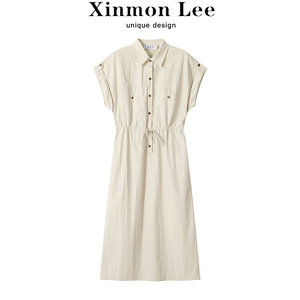 XinmonLee高级感工装衬衫连衣裙夏季女休闲开叉气质收腰显瘦长裙