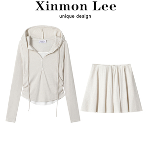 XinmonLee高级感假两件连帽短款卫衣两件套装春秋女A字半身针织裙