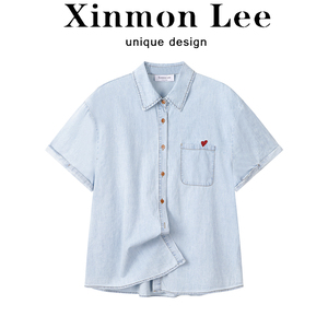XinmonLee浅蓝色刺绣爱心牛仔衬衫外套夏季女宽松休闲开衫短袖T恤