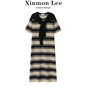 XinmonLee休闲高级感超好看条纹连衣裙女秋季开叉宽松显瘦长裙子