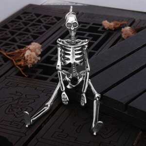 欧美纯银暗黑骷髅人骨架潮人男士吊坠长款毛衣链情侣项链嘻哈女潮