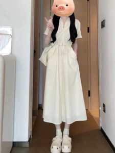 大码白色连衣裙女装2024新款夏季高级感工装长裙胖MM显瘦a字裙子