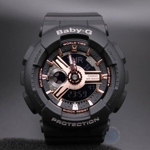 casio卡西欧女表baby-g青春时尚双显防水运动手表黑玫瑰金ba-110r
