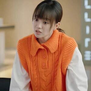 贺先生的恋恋不忘胡意旋秦以悦同款橘色马甲拼接衬衣宽松针织衫女