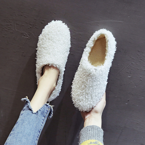 韩版网红卷毛白色毛毛鞋女秋冬学生百搭懒人一脚蹬平底羊羔毛棉鞋