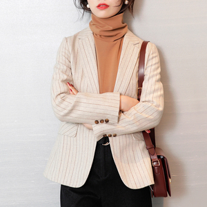 joliment米色条纹小西装外套女2019新款春秋英伦风百搭西服女上衣