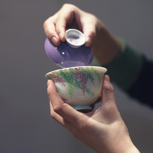 |勿念|《紫藤花》木槿紫清欢薄胎盖碗 釉下彩 手绘 茶具高温陶瓷