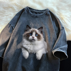3D立体逼真猫咪纯棉做旧T恤男短袖动物图案半袖可爱青少年个性衫