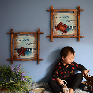 地中海风格木质龙虾螃蟹复古画装饰品海鲜馆客厅房间墙面挂画壁画