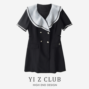 Yi Z CLUB 学院风欧根纱海军领双排扣收腰短袖连衣裙春夏女装0.51
