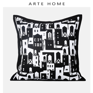 现代简约黑白色建筑印花抱枕套样板间别墅客厅布艺软装饰沙发靠包