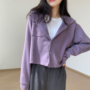 紫色连帽开衫短款卫衣女2023早秋季新款设计感小众宽松外套上衣潮