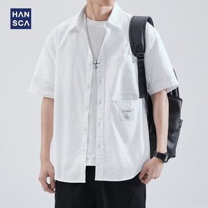 hansca白色短袖衬衫男宽松纯棉夏季新款潮牌时尚条纹休闲衬衣外套