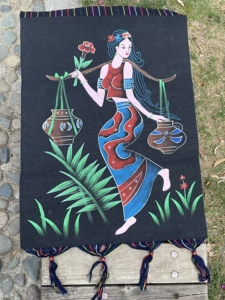 布艺壁挂贵州手工蜡染黑底复古画少数民族中国风苗族女孩挑水装饰