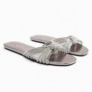 ZA2024银色水钻结饰平底凉鞋夏季新款时尚百搭露趾平跟拖鞋女外穿