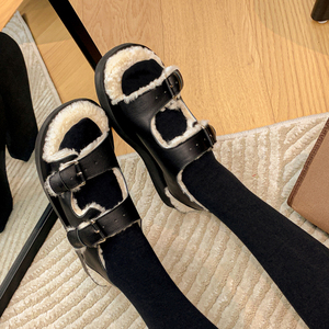 保暖羊毛凉鞋女2021年新款网红厚底外穿毛毛凉拖加绒加厚雪地棉鞋