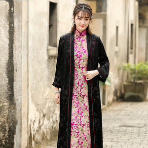 出口烂花真丝风衣女长款中式旗袍外搭民国上衣撞色对开长袖外套