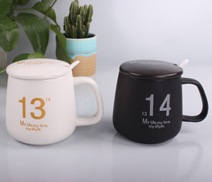 创意1314情侣对杯陶瓷喝水杯马克杯带盖勺logo定做情人节礼物包邮