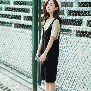 灯芯绒背带裤裙女2018春秋新款中长款韩版学生宽松时尚修身连衣裙