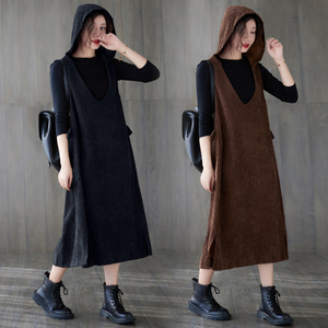 春秋季大码吊带裙休闲宽松大摆背带裙口袋连帽无袖灯芯绒连衣长裙