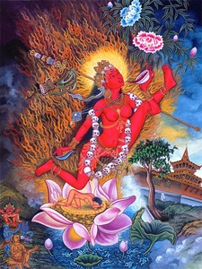 藏传诸佛母像之东方金刚空行母卡雀佛母金刚瑜伽母像相片金属画芯