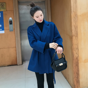 双面羊绒大衣女2020年冬季新款宽松显瘦呢子大衣短款蓝色毛呢外套
