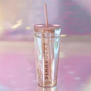 星巴克水杯子591ml灰粉色双层玻璃吸管杯大容量夏季少女心送礼物