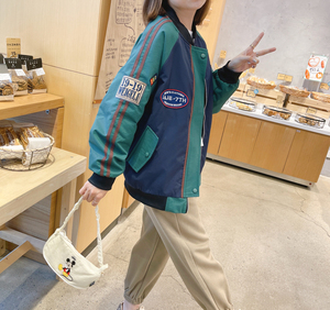 兔美善韩国代购女装 秋新款 个性贴布标签洋气拼色棒球服外套