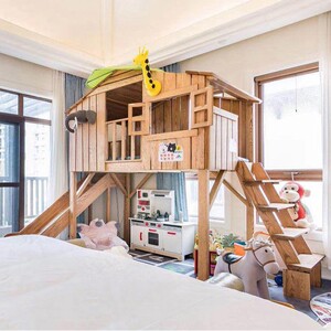 树屋床定制公主城堡带滑梯双层高低床全实木多功能儿童秘密基地床