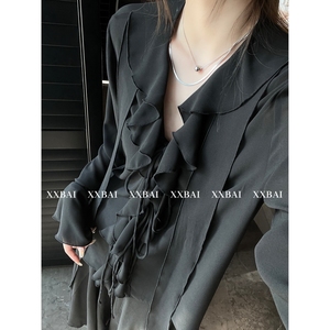 XXBAI 小众高级 黑色v领不规则法式荷叶边雪纺衬衫女宽松显瘦衬衣