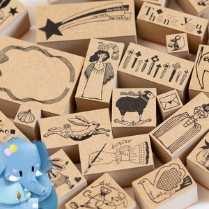 现货日本kinotorico木质印章可爱怪诞兔子天鹅字母花朵手帐素材