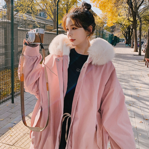 粉色兔毛派克服棉衣外套女冬季加厚2021新款韩版宽松棉衣潮ins
