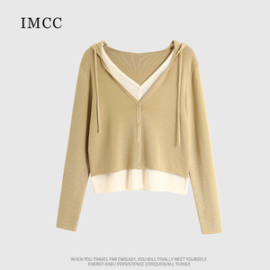 IMCC设计感法式假两件V领天丝连帽针织开衫女春洋气宽松显瘦上衣