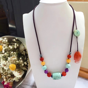 天然原矿湖北绿松石高瓷网花纹单珠桶珠搭配南红蜜蜡吊坠挂件饰品