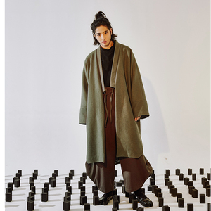 本相织物原创设计男女秋冬新中式长款羊毛大衣灰绿色毛呢外套汉服