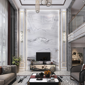 别墅复式电视背景墙瓷砖岩板微晶石现代简约客厅大理石罗马柱边框