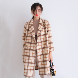 韩国代购双面羊绒大衣女2018新款时尚宽松过膝中长款格子毛呢外套