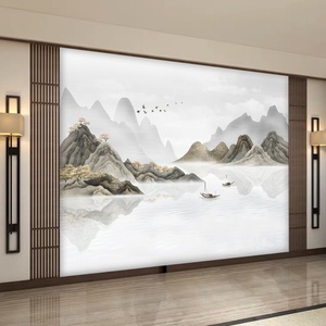 新中式山水墙纸3d立体壁画客厅简约电视背景墙8d酒店茶楼壁纸墙布