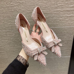 仙女鞋21春季新款淑女蝴蝶结浅口尖头鞋百搭中空单鞋女中跟鞋婚鞋