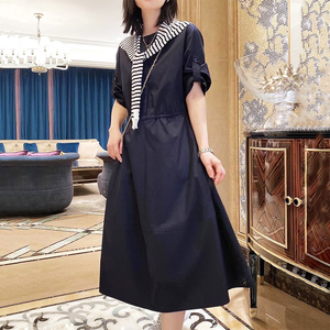 休闲工装风连衣裙女夏季2022新款减龄收腰显瘦条纹披肩中长款裙子