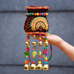 民族风手工竹编儿童宝宝小背篓孔雀凤凰绣花鱼篓风铃舞蹈演出道具