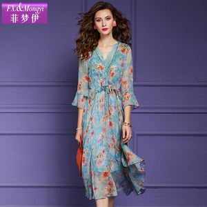 菲梦伊雪纺真丝印花连衣裙女春装新款法式高级时尚气质喇叭袖长裙