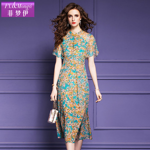 菲梦伊双绉真丝连衣裙女夏季新款重磅桑蚕丝高端碎花改良旗袍长裙