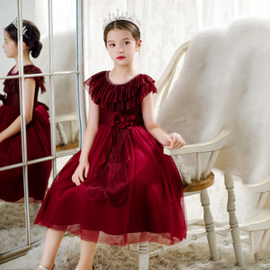黑色礼服女童公主裙红色服装钢琴演出服小女孩主持人少儿大红裙子