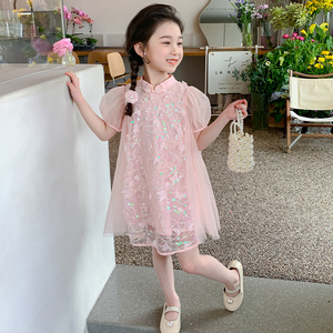 夏季中国风粉红色立领斜襟公主裙亮片短袖泡泡袖旗袍裙女童连衣裙