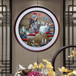 玉雕新中式风格客厅装饰画进门入户玄关走廊过道圆形禅意浮雕壁画