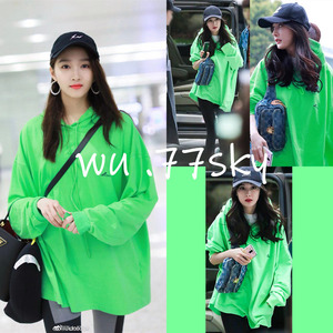 杨幂关晓彤明星同款绿色卫衣女秋薄款连帽上衣宽松韩版慵懒风外套