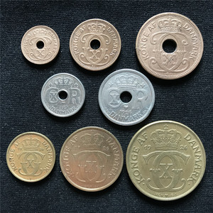 欧洲 丹麦1924--1932年克里斯蒂安十世1欧尔--2克朗8枚大全套硬币